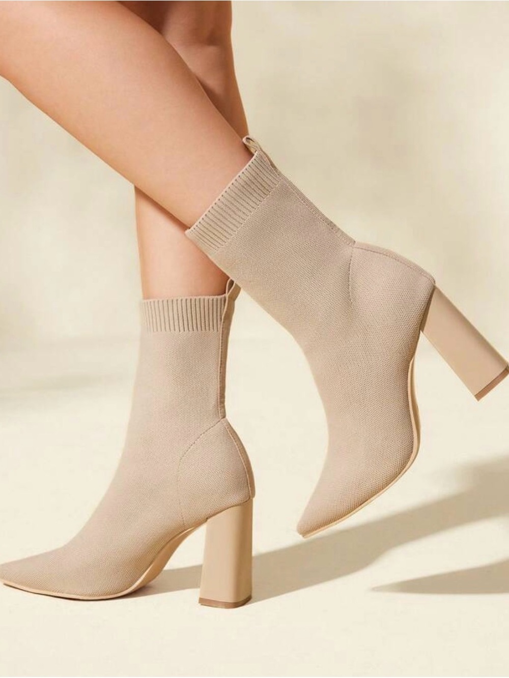 CUCCOO - Beige Knit Sock Booties with Block Heel - Beige / US9.5 (EUR41)